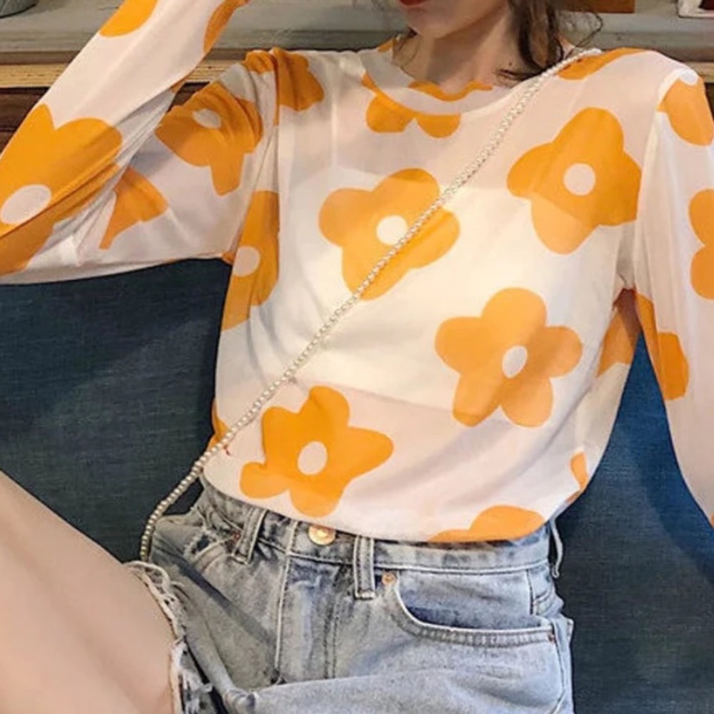 Y2K Style Mesh See Through Top with O-Neck, Flower Design| Streetwear | 2000s